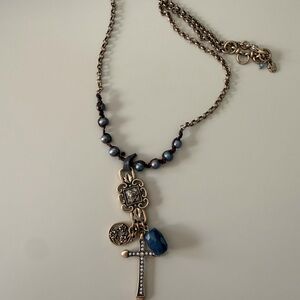 Lucky Brand Gold and Blue Cross along Pendant Necklace
